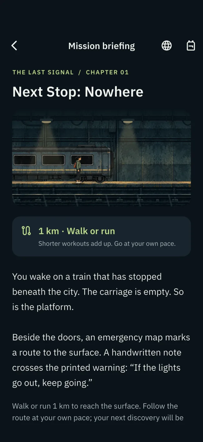 SagaRun chapter one briefing with an illustrated train station and a one kilometre goal.